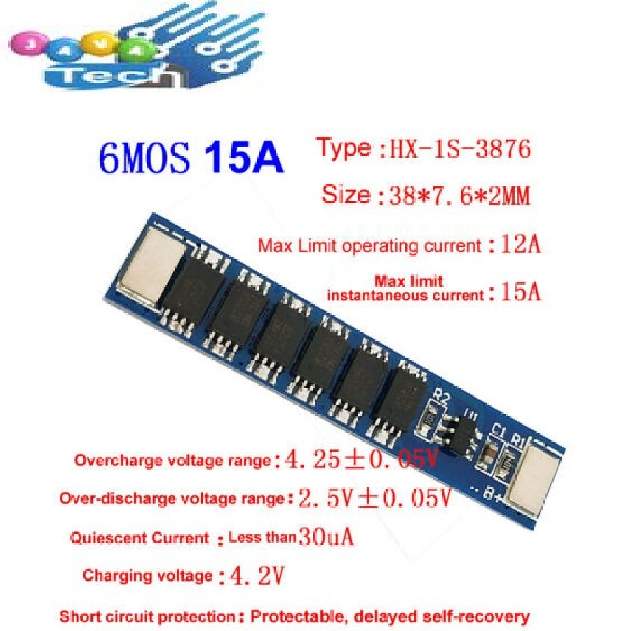 BMS 1s 4.2V 15A Lithium Li-ion Li-po 6MOS Battery Protection Board