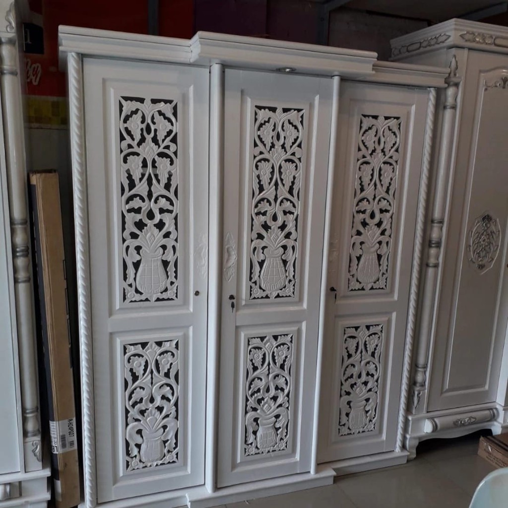 Lemari Pakaian Kayu 3 Pintu Ukir Harmoni PUTIH MR