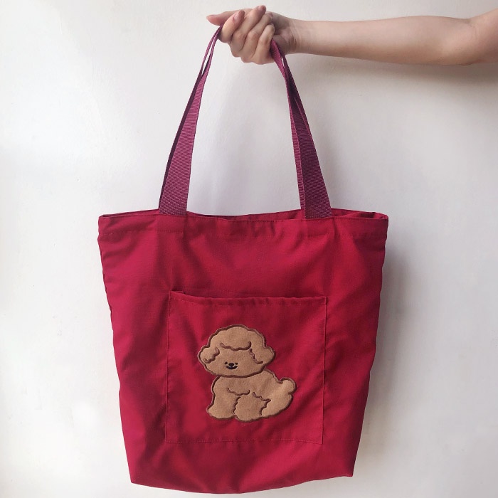 Kellys Co Embroidered Oversize Totebag - Brown Poodle (Maroon)