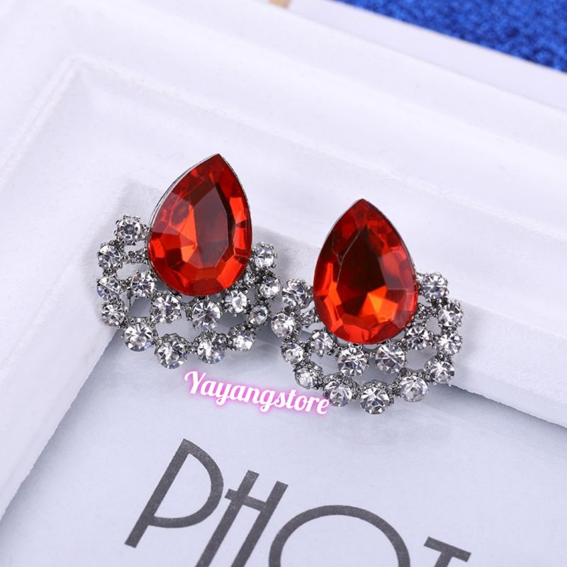 Anting Permata Batu Pesta Blue Saphire dan Batu Merah Korea Import