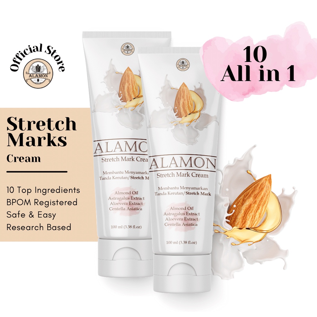 Stretch Marks Cream | Alamon | Efektif dengan 10 Bahan Skincare | Almond Oil - Centella - Shea Butter etc