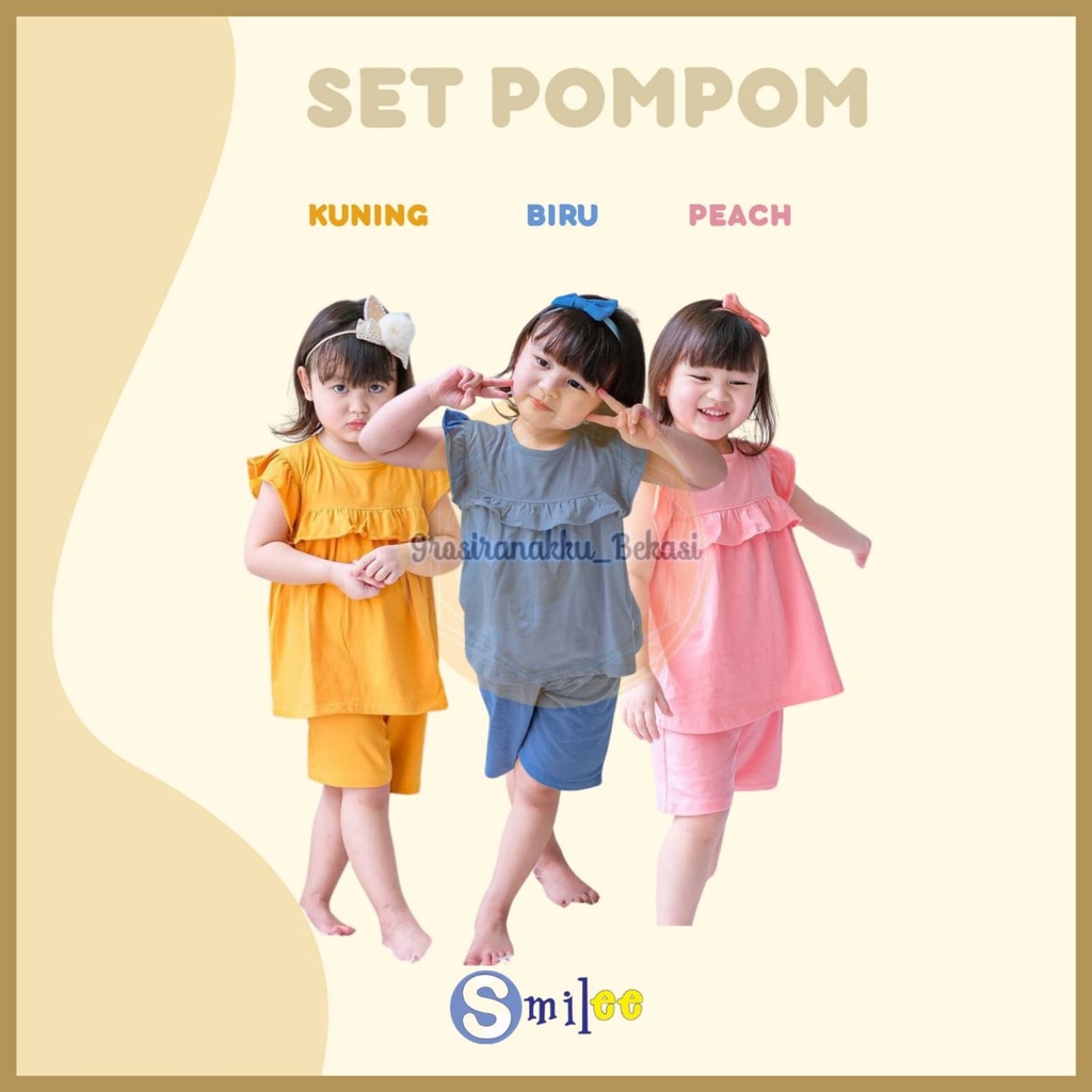 Setelan Anak Kaos Smilee Pompom Mix Warna Size 1-5