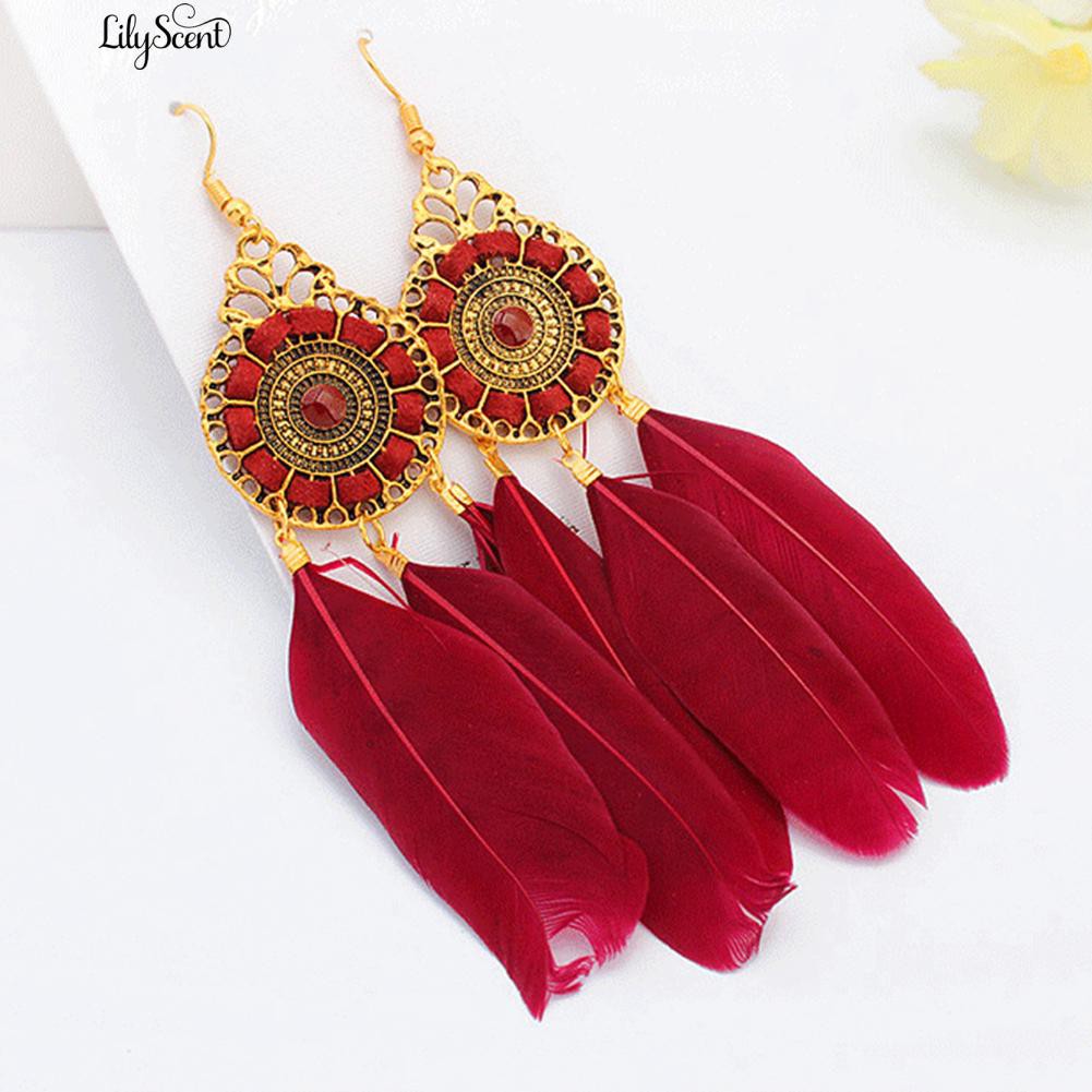 [Bayar Di Tempat]fashionBohemia Panjang Feather ed Round Hook Earrings Menjuntai Charm