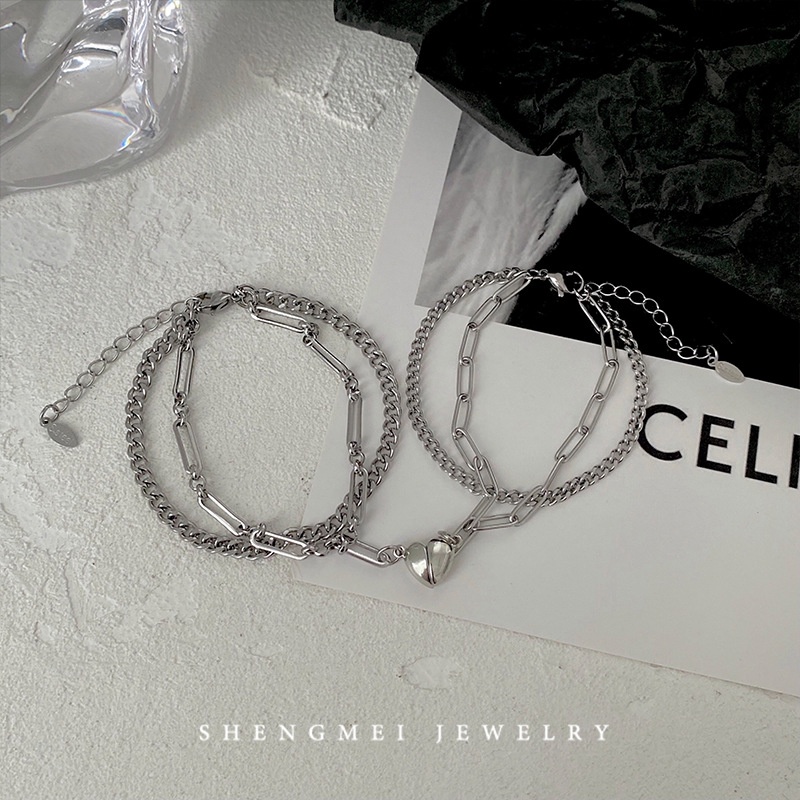 YEEZII Set Gelang Magnetik Desain Hati Ganda Warna Silver Untuk Wanita