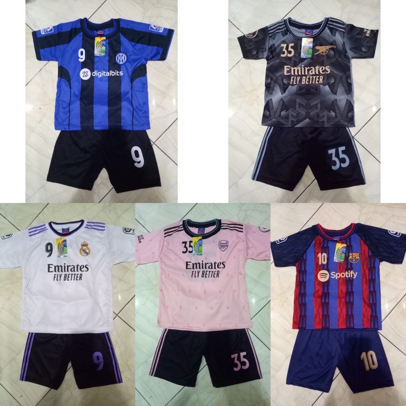 SETELAN BAJU ANAK KIDS JERSEY BOLA EROPA MADRID BARCA MURAH