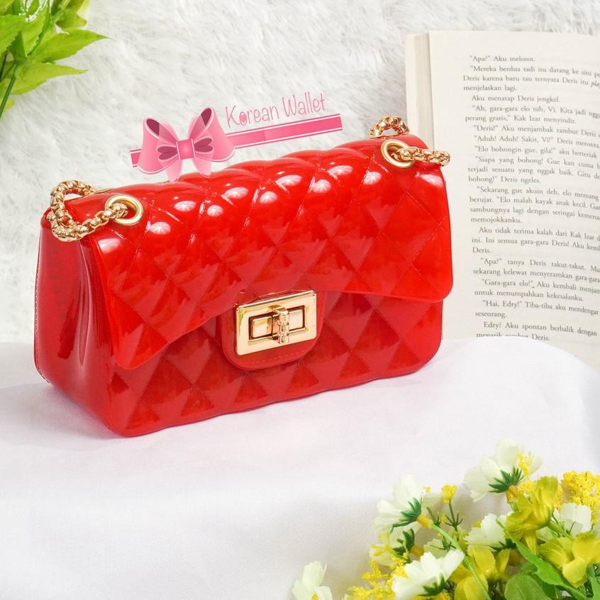 ✸ TAS WANITA JELLY GLOSSY IMPORT RANTAI EMAS SIZE 18 CM | RANTAI GOLD ➾
