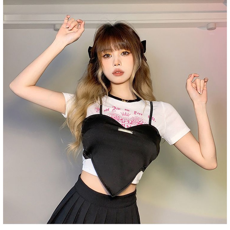 Hot girl spades heart stitching T-shirt wanita palsu dua potong slim fit all-match top trendy