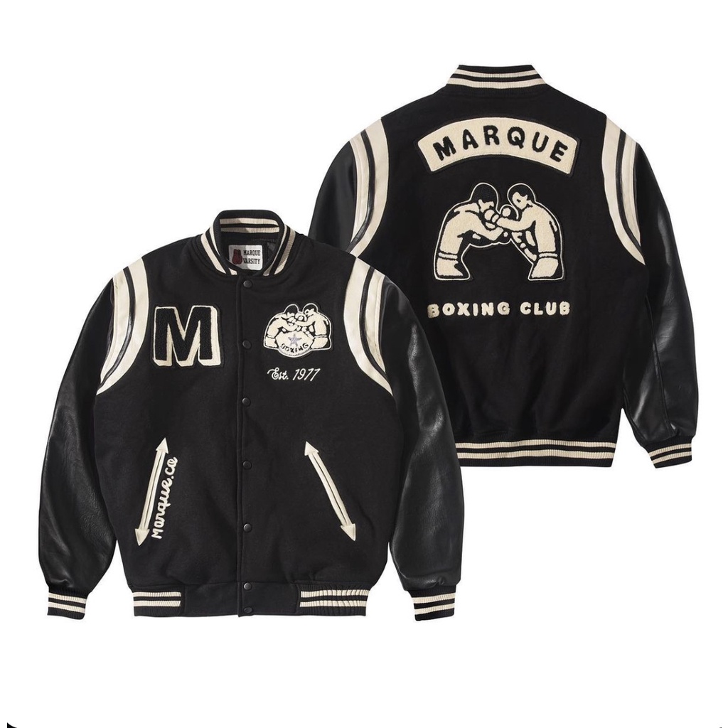 MARQUE.CO BOXING CLUB VARSITY JACKET, dengan Material Terbaik, Bordir Handuk Towel Embroidery, Leather, Warna Hitam, Untuk Pria &amp; Wanita