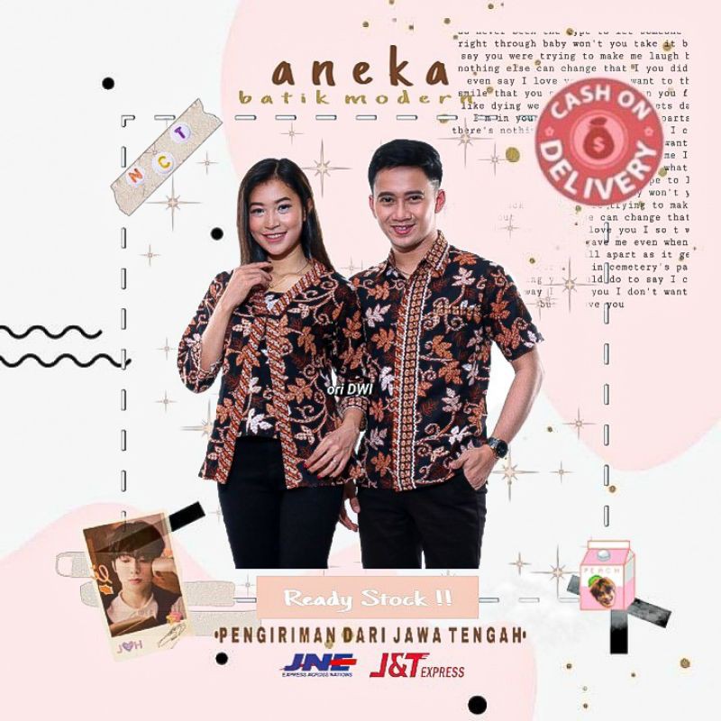 BATIK COUPLE TUNIK SARIMBIT KEMEJA BATIK LENGAN PANJANG WARNA HITAM COKLAT ORANGE PUTIH