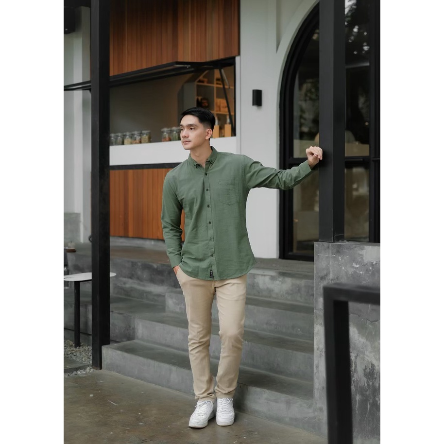 NESS kemeja katun linen panjang kemeja katun lengan panjang kemeja pria bahan katun  linen kemeja pria atasan pria lengan panjang kemeja panjang katun kemeja katun panjang 01 SAGE GREEN