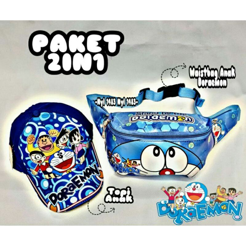 tas selempang anak perempuan topi anak perempuan printing usia 2-10 tahun waistbag anak topi anak waterproof paket 2in1