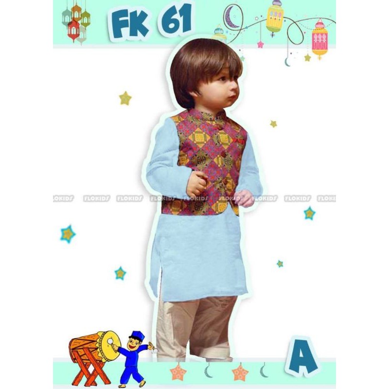 Setelan Baju Koko Kurta India Anak Rompi Merah Celana Panjang Biru FK61G lebaran