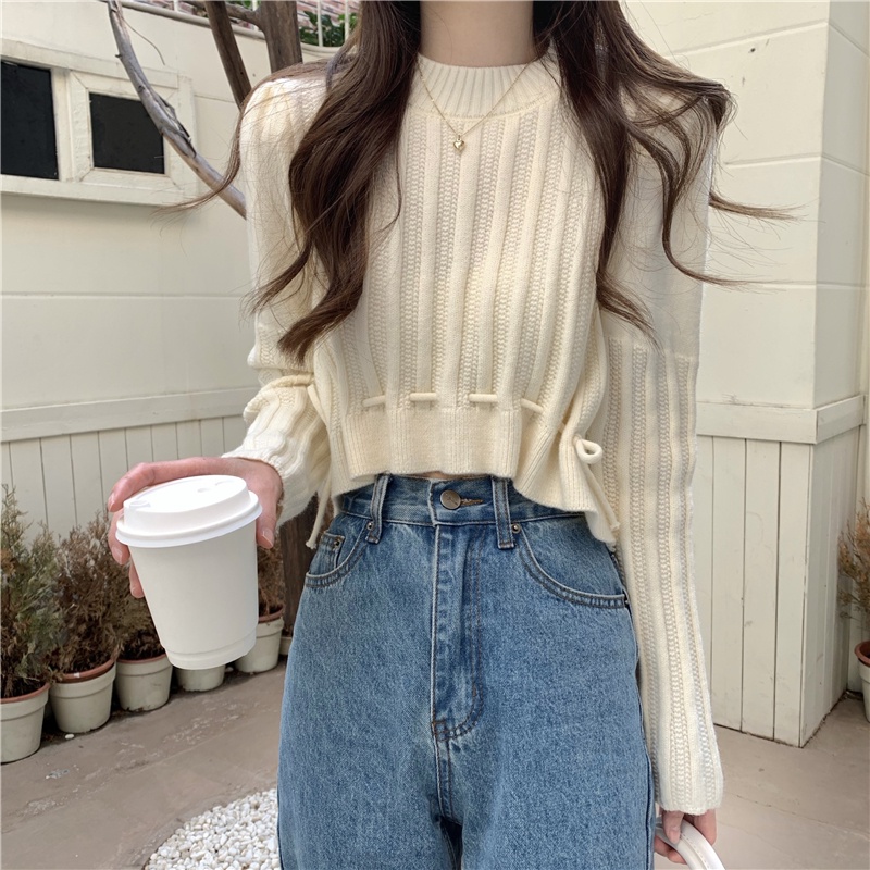 Korean Sweater Crop Top Polos Wanita Lengan Panjang