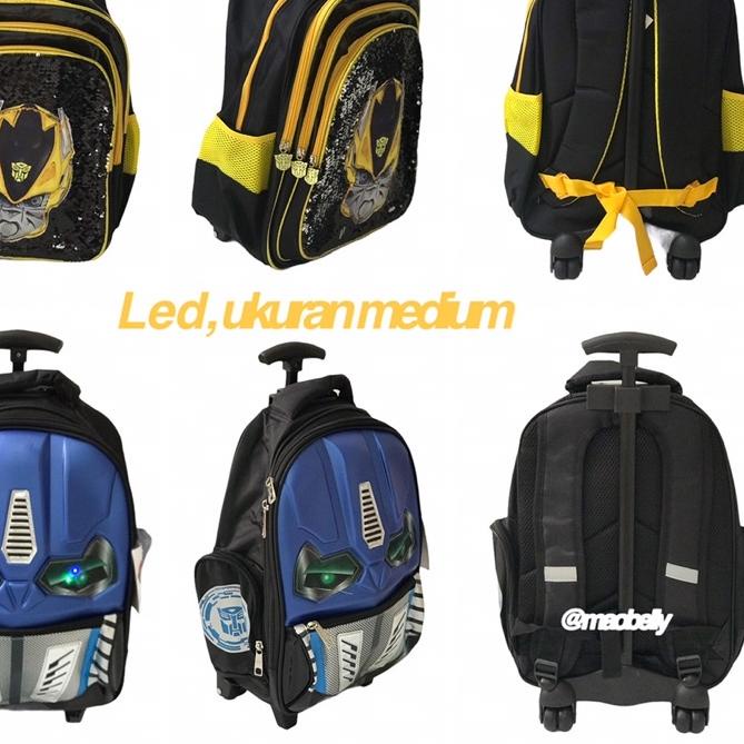 ♞ Tas Trolley Sekolah Anak Laki Laki TK SD / Tas Troli Anak Cowok Sequin LED SUPERHERO / TRANSFORMER