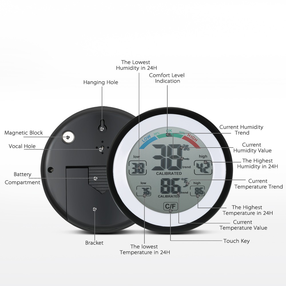 Digital Thermometer Hygrometer Min Max Value - Black