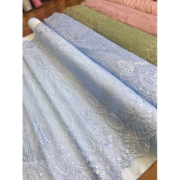 Kain Brukat Bahan Kebaya Tile Elie Saab Eliesab Warna Biru Baby Blue Full Bordir