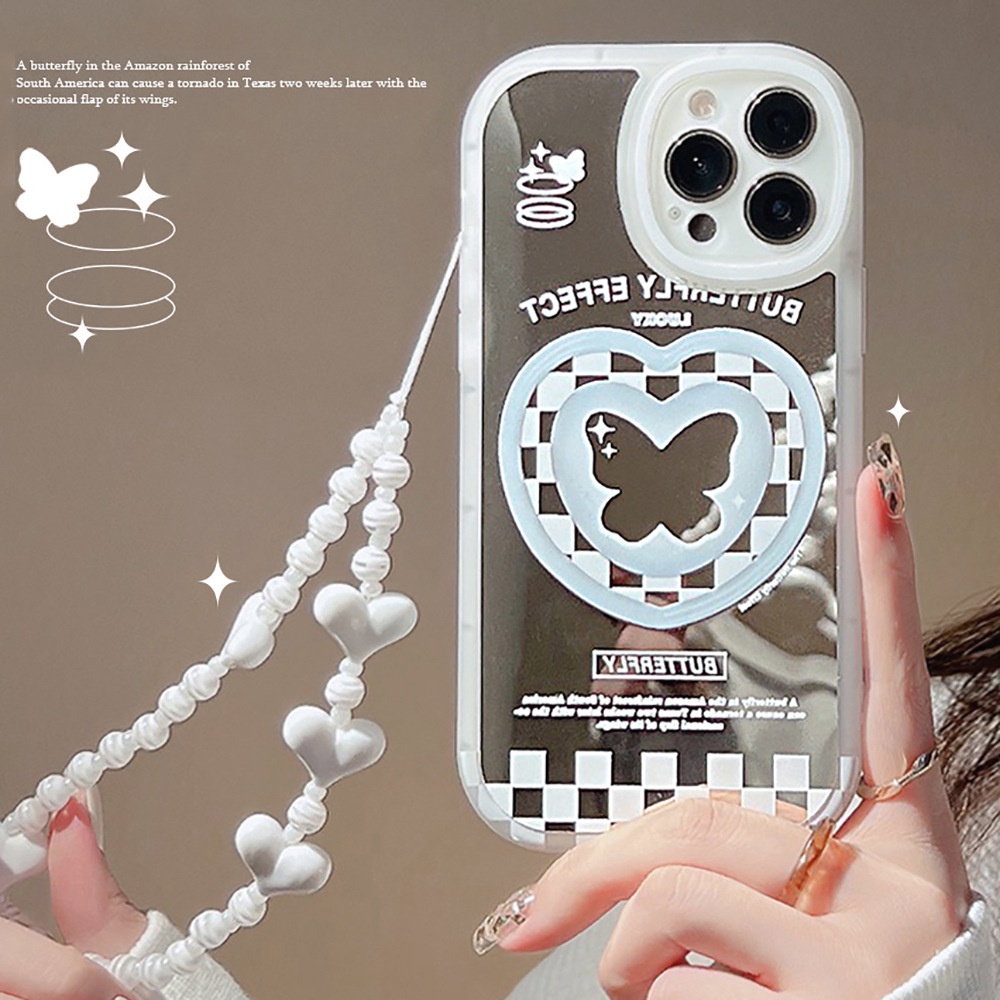 IPHONE Butterfly Kartun Cermin Make Up Big Eyes Case Dengan Rantai Cinta Putih Untuk Iphone14 11 8 7 Plus SE2 XS XR 12 13 Mini PRO MAX Casing Cover Pelindung AT0171