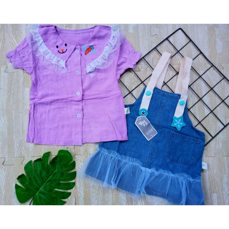 SETELAN DRESS OVERALL JEANS TUTU ANAK IMPORT 1-5 TAHUN / SETELAN BLOUSE OVERALL JEANS ANAK CEWEK IMPORT 1-5 TAHUN WORTEL