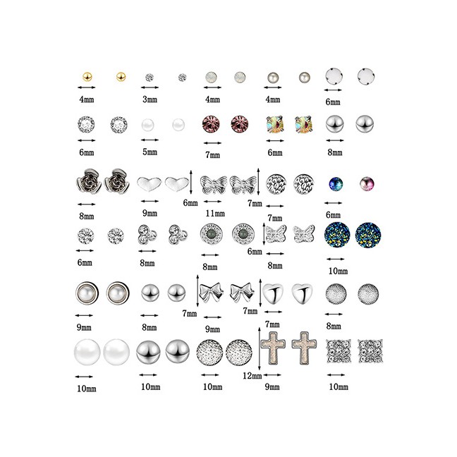 LRC Anting Tusuk Fashion Silver Cross-studded Stud Earrings 30 Pairs F83543