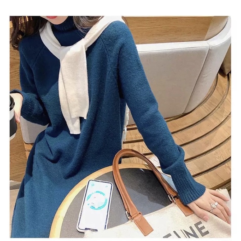 Knit Sweater Dress Turtleneck Gaun Rajut