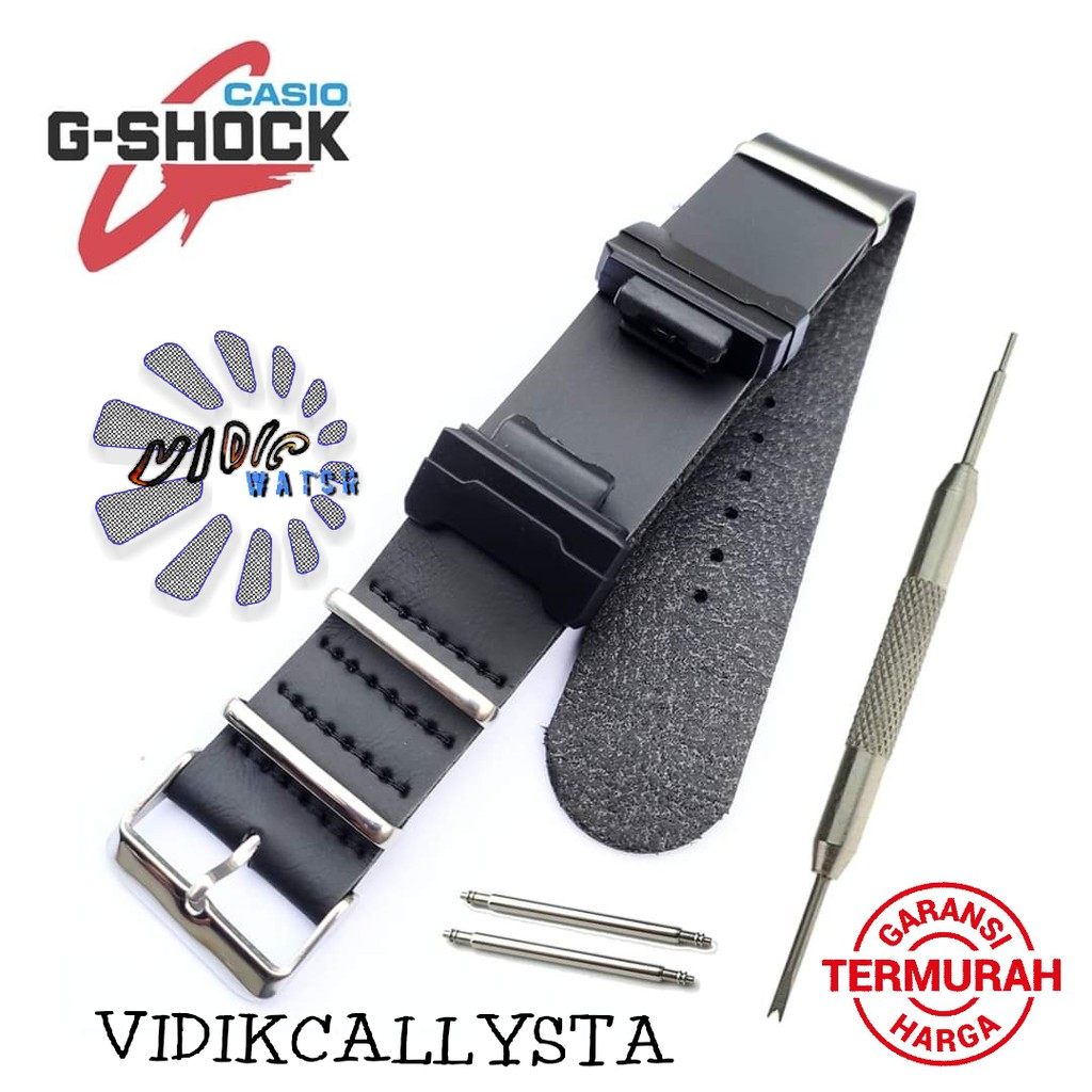 Tali Jam Tangan G-Shock Kulit Hitam Nato Zulu Gshock Kulit Dengan Adapter Adaptor Hitam Silver