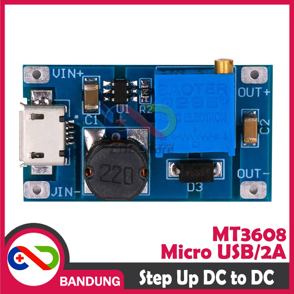 MT3608 ADJUSTABLE STEP UP BOOST DC MICRO USB 2A 2V-24V TO 5V-28V