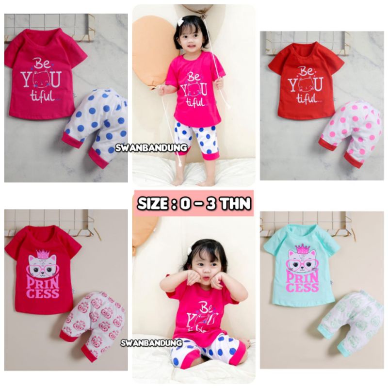 Setelan Baju Anak Perempuan size 0 - 3 thn / Setelan Bayi perempuan Motif Karakter lucu Bahan Kaos Premium