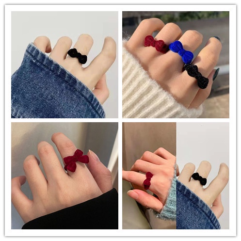 Cincin Jari Telunjuk Wanita Model Terbuka Adjustable Desain Pita Bahan velvet Gaya Vintage