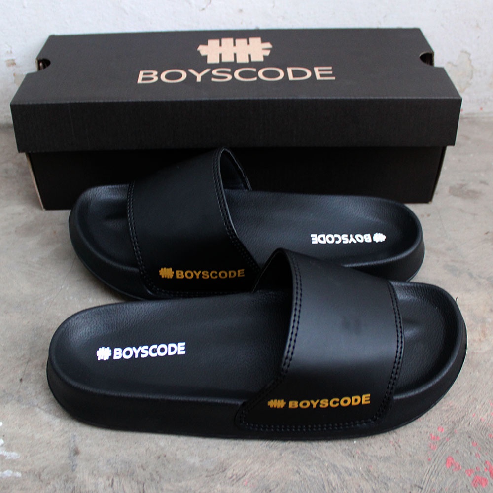 Sandal Slip On Pria Distro Terbaru Boyscode Side Font Hitam Gold / Sandal Slop Pria / Sandal Slide Pria