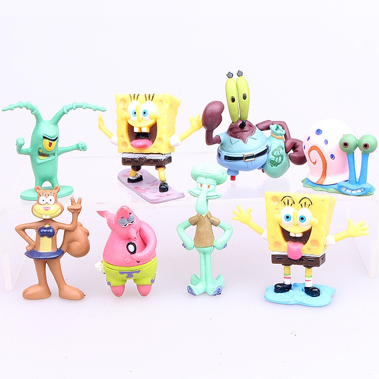 8pcs / Set Mainan Boneka Model Kartun Spongebob Bahan Pvc Untuk Hadiah Anak