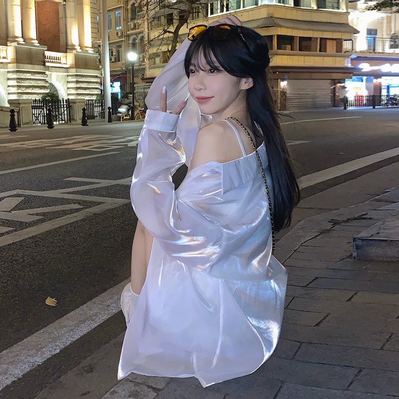 Suit women's Korean version 2024 summer new Mermaid Ji shimmering long sleeve sunscreen shirt + loos