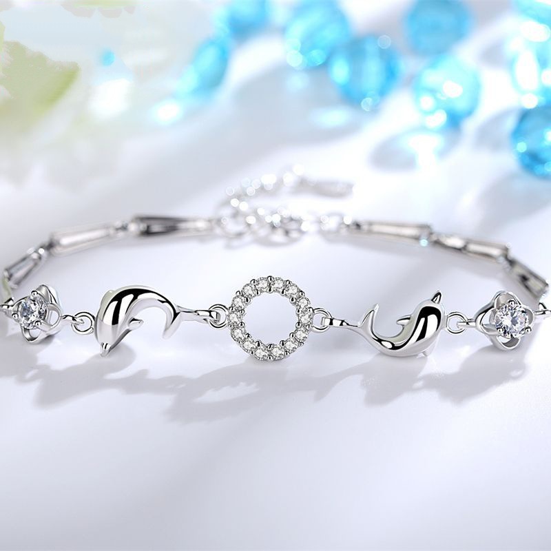 Set Gelang Zircon Desain Lumba-Lumba Bahan Stainless Steel 925 Lapis Silver