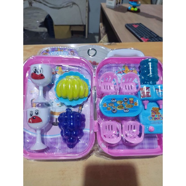 mainan kitchen coper series, kursi set, buah2an, galon, dispenser, gelas, fh201