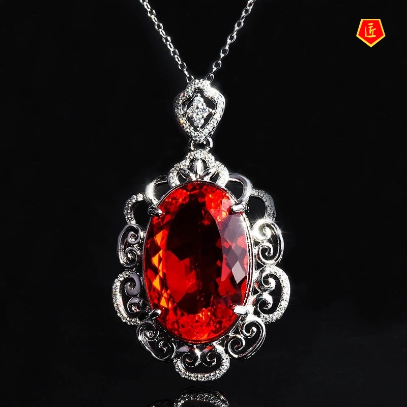 [Ready Stock]Emerald Pigeon Blood Red Colored Gems Pendant Luxury Full Diamond Necklace