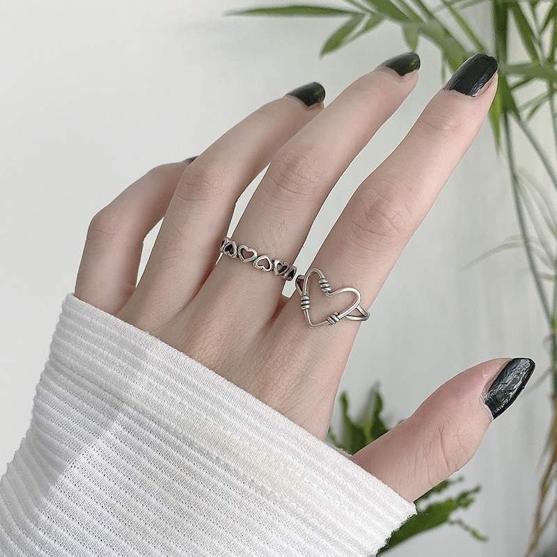 3pcs / Set Cincin Zircon Bentuk Hati Geometris Warna Silver Gaya Korea Punk Untuk Wanita