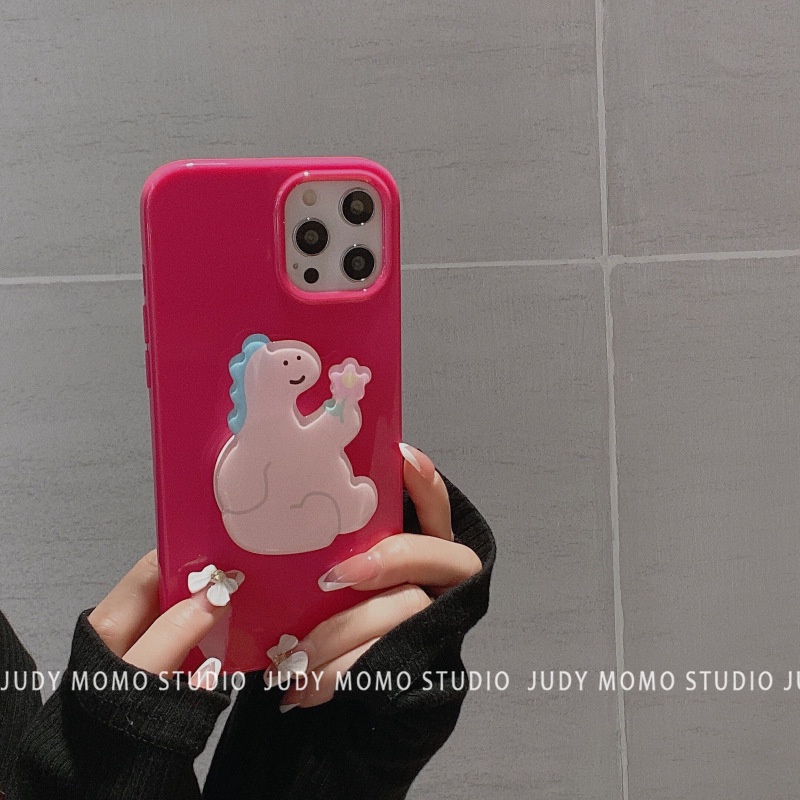 Case Pelindung Warna Merah Mawar Dengan Holder Dinosaurus Untuk Iphone 11 8 7 Plus SE2 XS XR 12 13 PRO MAX