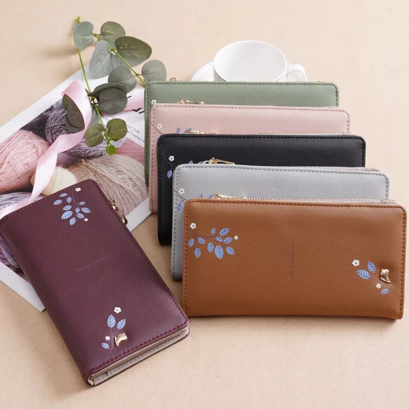 ( GS ) DOMPET WANITA / DOMPET LIPAT PANJANG WANITA MOTIF RANTING DAUN ABU-ABU