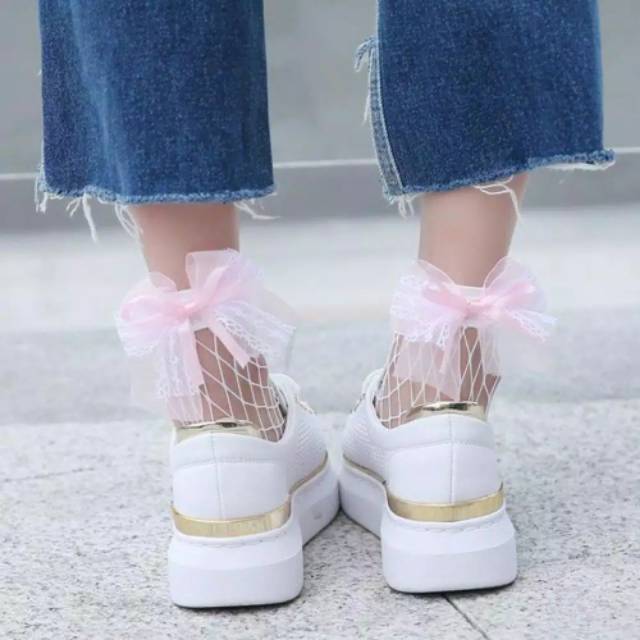 Kaos kaki ankle bahan lace mesh dengan pita import