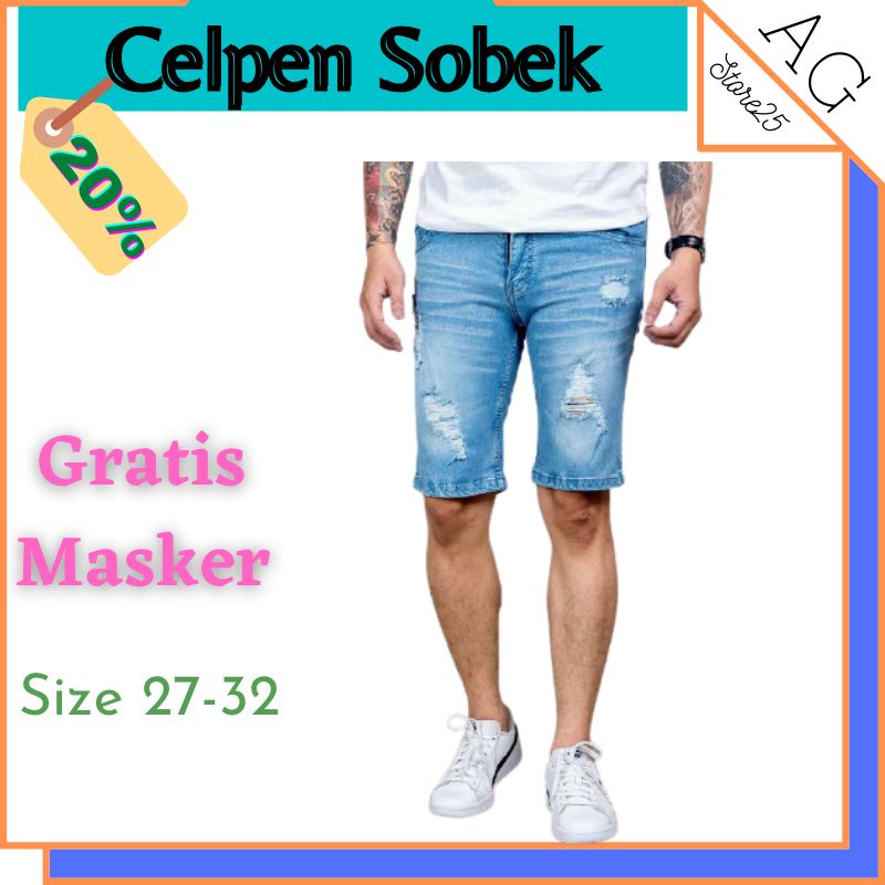 CELANA PENDEK PRIA COWOK REMAJA DEWASA MOTIF SOBEK DISTRO SANTAI LEVIS MURAH JEANS ORIGINAL BIG SIZE