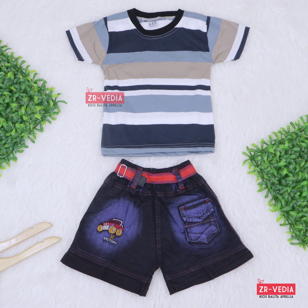 Setelan Salur Jeans uk 1-2 Tahun / Kaos Anak Murah Celana Jeans Murah Setelan Lengan Pendek Laki