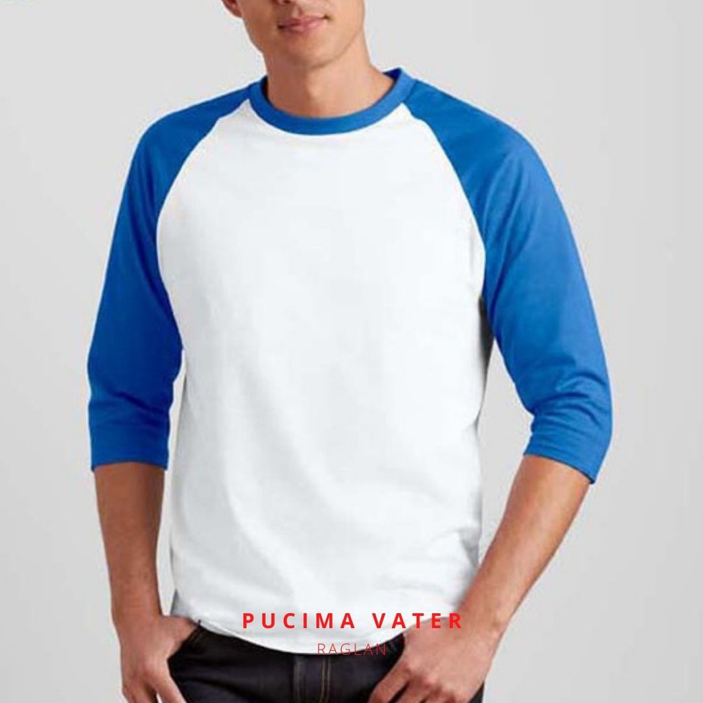 Kaos Raglan Polos Pucima Putih Biru / Premium Cotton Combed 24s