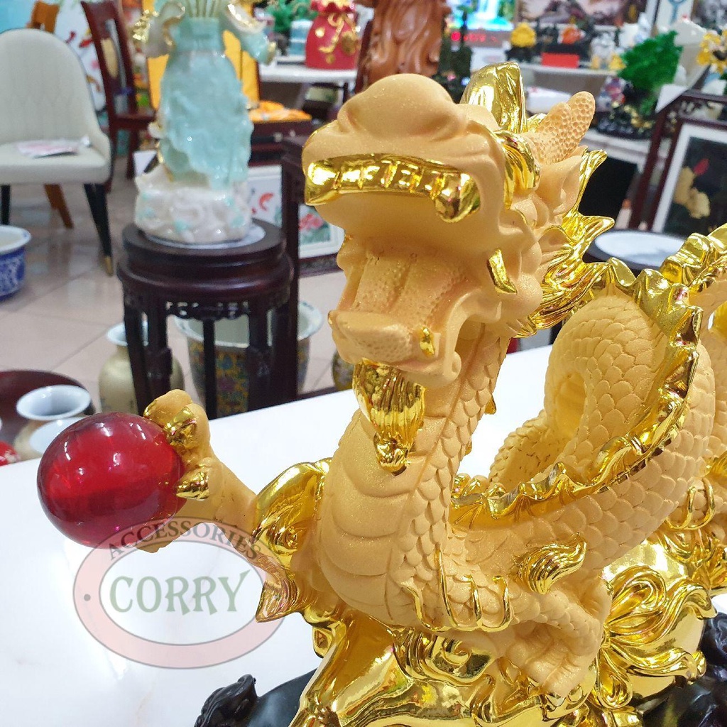 Patung Naga Emas Kayu Gold Imlek 34 Cm Resin Kayu Hoki Imlek Sincia