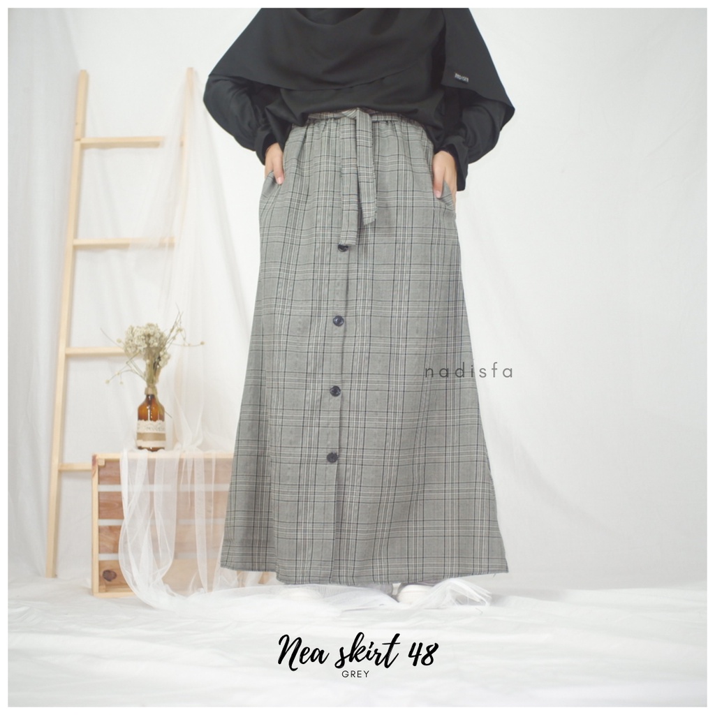 NEA SKIRT ROK BUTTON MOTIF / KOREAN SKIRT / ROK TARTAN-NS 48 grey