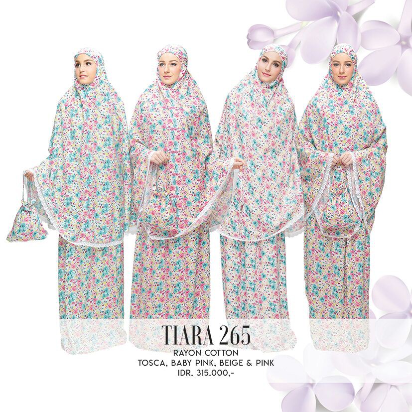 Mukena Tatuis Tiara 265 Katun Rayon Adem Motif Bunga Biru Hijau Toska Pink Krem Renda Putih