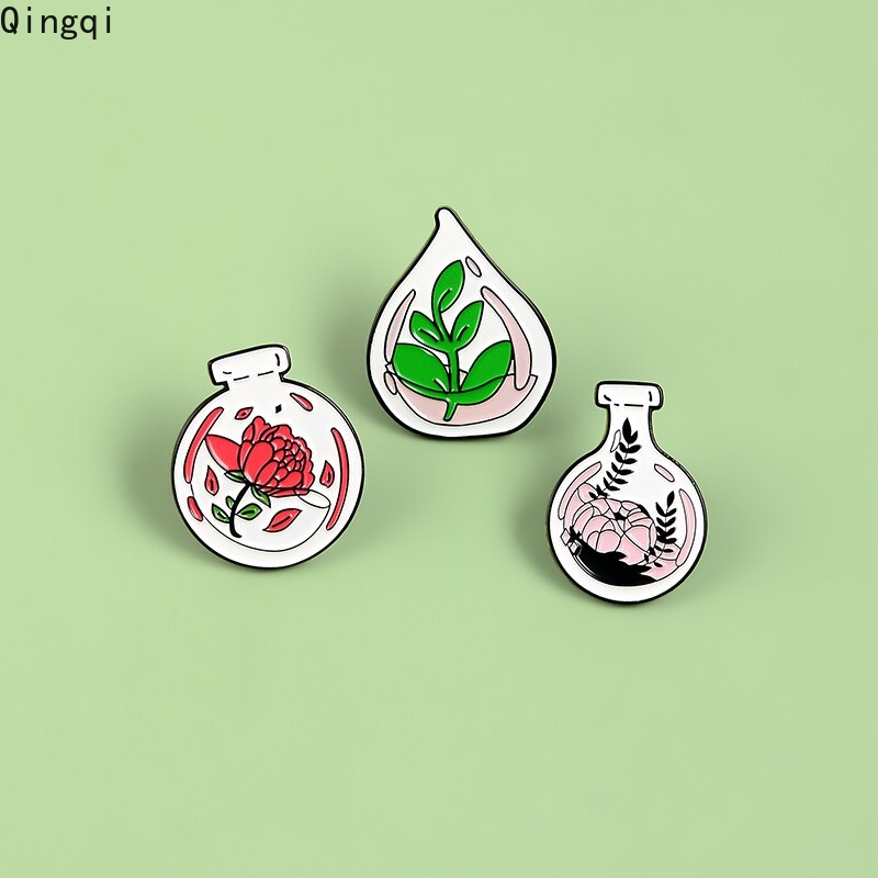 Bros Pin Enamel Bentuk Tanaman Bunga Mawar Daun Botol Bahan Zinc Alloy Untuk Jaket Denim