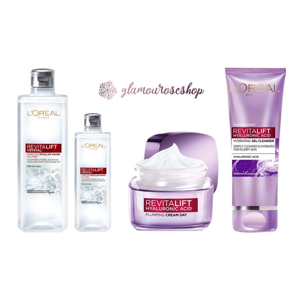 Loreal Paris Revitalift Crystall micellar water 95ml / 400ml , Lorea Paris Plumping Day 50ml , Loreal Paris Hydrating Gel Cleanser 100ml