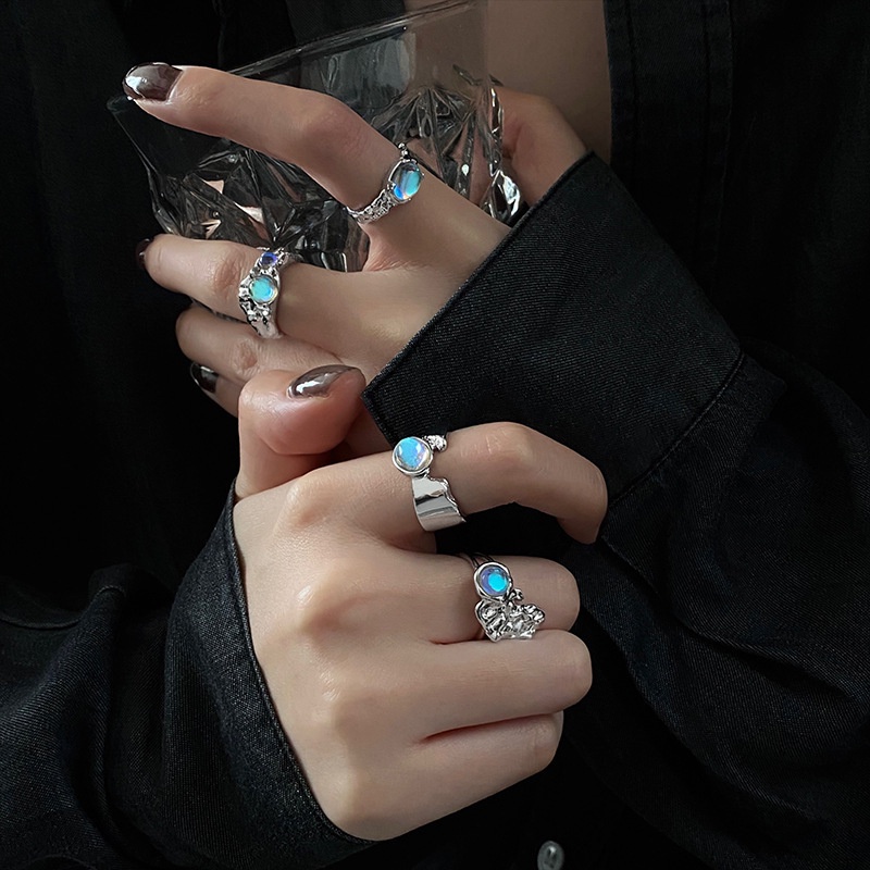 Cincin Jari Telunjuk Model Terbuka Desain Geometri Asimetris Aksen Moonstone Gaya hip hop Untuk Wanita