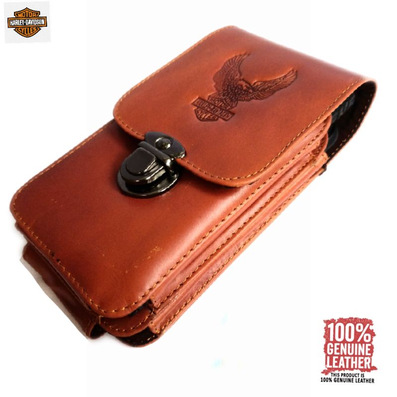 dompet hp pinggang kulit asli double Harley Davidson 6.5 inch 6.7 inch - sarung hp kulit asli  harley