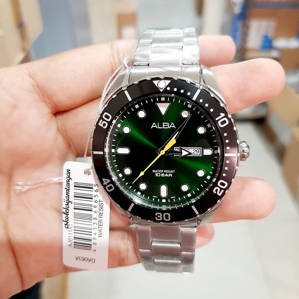 JAM TANGAN PRIA ALBA AJ6111X1 AJ6111 SILVER BLACK GREEN DIAL ORIGINAL
