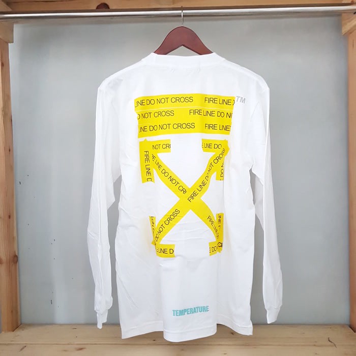 1020 KAOS LENGAN PANJANG LONG SLEEVE OFF WHITE FIRETAPE LINE YELLOW WHITE KAOS PANJANG OFFWHITE